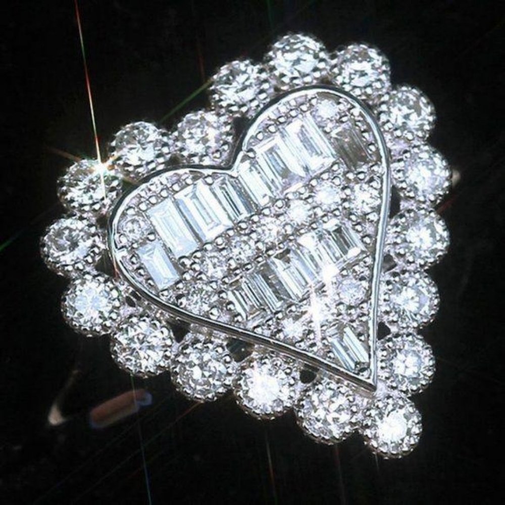 925 Sterling Silver Baguette Diamond Heart Ring - Picture 2 of 7